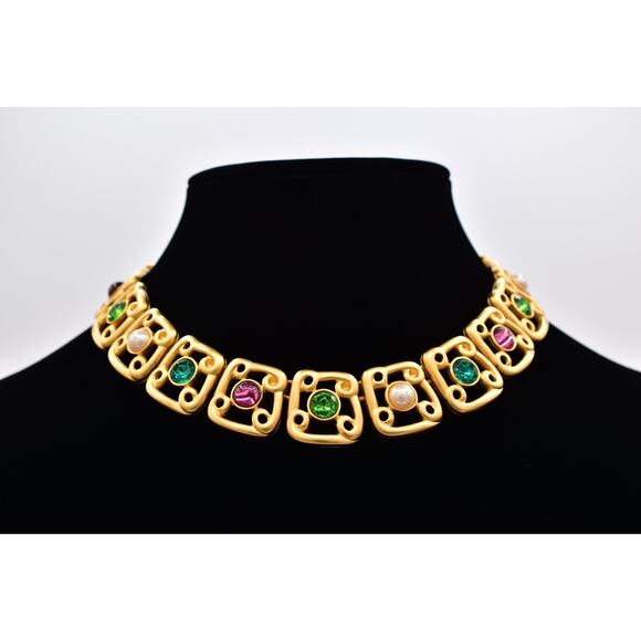 Givenchy Vintage Cabochon Collar Necklace Brushed Gold...